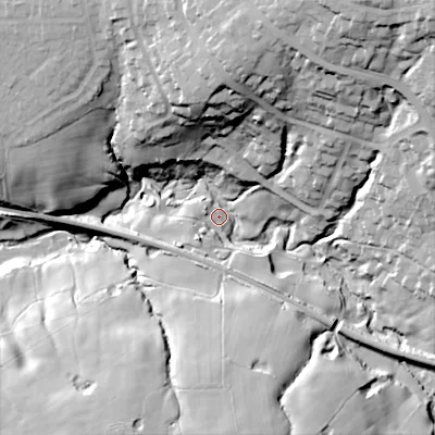 Shaded relief map of the ground around SK122NG, computed from Environment Agency LiDAR. The ground here sits at about 154 m above sea level and falls 59 m across the surrounding 800 m. Surface water reaching this point runs off ground lying to the north-east, 53.1 m higher.