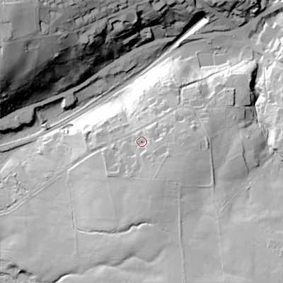 Shaded relief map of the ground around SK122NP, computed from Environment Agency LiDAR. The ground here sits at about 208 m above sea level and falls 61 m across the surrounding 800 m. Surface water reaching this point runs off ground lying to the south-east, 11.3 m higher.