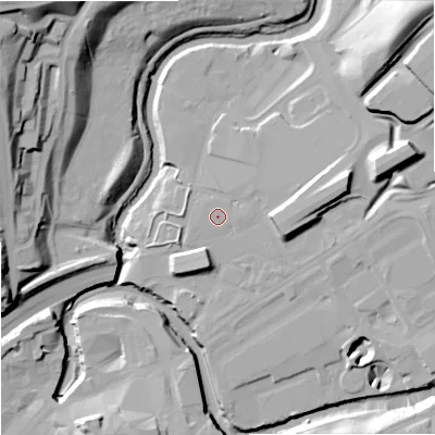 Shaded relief map of the ground around SK12AH, computed from Environment Agency LiDAR. The ground here sits at about 44 m above sea level and falls 41 m across the surrounding 800 m. The ground contributing surface water to this point lies to the east.