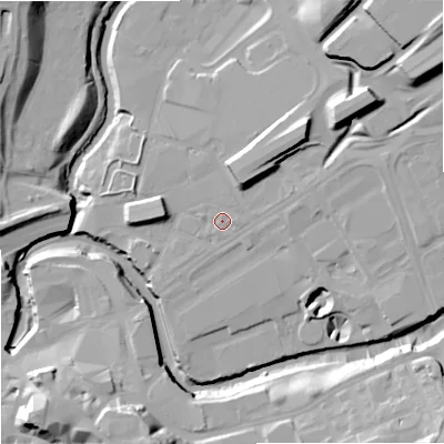 Shaded relief map of the ground around SK12AX, computed from Environment Agency LiDAR. The ground here sits at about 45 m above sea level and falls 26 m across the surrounding 800 m. Surface water reaching this point runs off ground lying to the east, 0.8 m higher.