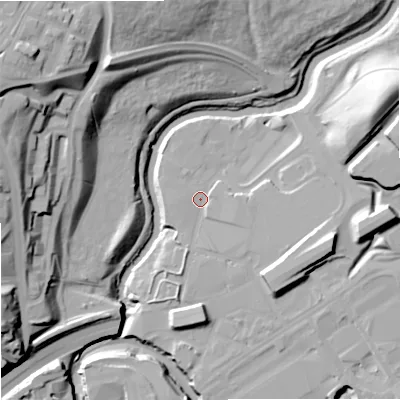 Shaded relief map of the ground around SK12BL, computed from Environment Agency LiDAR. The ground here sits at about 42 m above sea level and falls 42 m across the surrounding 800 m. Surface water reaching this point runs off ground lying to the east, 14.3 m higher.