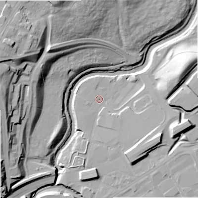 Shaded relief map of the ground around SK12BP, computed from Environment Agency LiDAR. The ground here sits at about 41 m above sea level and falls 42 m across the surrounding 800 m. Surface water reaching this point runs off ground lying to the east-south-east, 15.3 m higher.