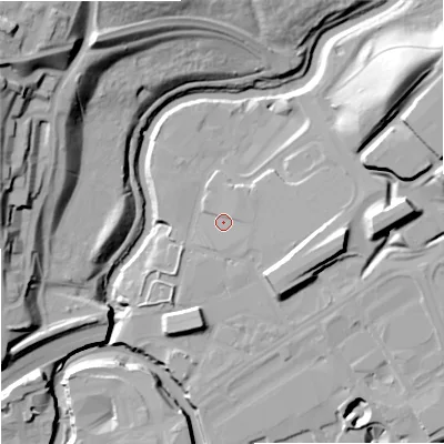 Shaded relief map of the ground around SK12BT, computed from Environment Agency LiDAR. The ground here sits at about 43 m above sea level and falls 42 m across the surrounding 800 m. Surface water reaching this point runs off ground lying to the east-south-east, 1.8 m higher.