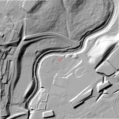 Shaded relief map of the ground around SK12BY, computed from Environment Agency LiDAR. The ground here sits at about 41 m above sea level and falls 42 m across the surrounding 800 m. Surface water reaching this point runs off ground lying to the east-south-east, 15.5 m higher.