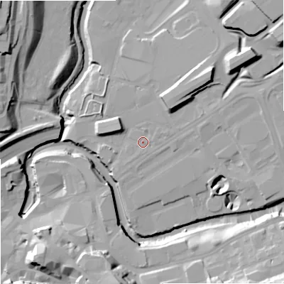Shaded relief map of the ground around SK12BZ, computed from Environment Agency LiDAR. The ground here sits at about 44 m above sea level and falls 30 m across the surrounding 800 m. Surface water reaching this point runs off ground lying to the east-north-east, 2.4 m higher.