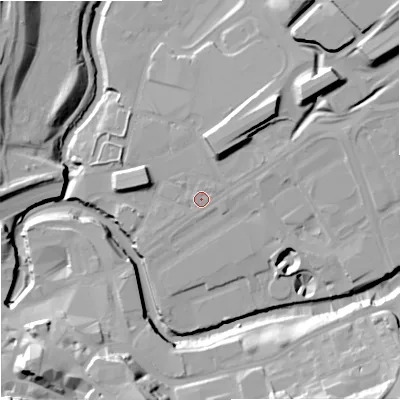 Shaded relief map of the ground around SK12DW, computed from Environment Agency LiDAR. The ground here sits at about 45 m above sea level and falls 28 m across the surrounding 800 m. Surface water reaching this point runs off ground lying to the east-north-east, 2.4 m higher.