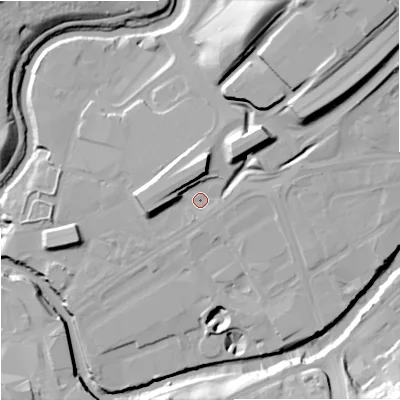 Shaded relief map of the ground around SK12ED, computed from Environment Agency LiDAR. The ground here sits at about 45 m above sea level and falls 30 m across the surrounding 800 m. Surface water reaching this point runs off ground lying to the north-east, 13.0 m higher.