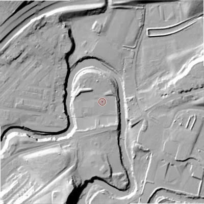 Shaded relief map of the ground around SK12GT, computed from Environment Agency LiDAR. The ground here sits at about 45 m above sea level and falls 32 m across the surrounding 800 m. Surface water reaching this point runs off ground lying to the north-north-east, 0.8 m higher.