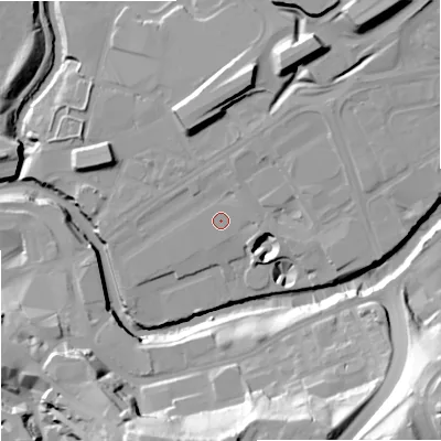 Shaded relief map of the ground around SK12HH, computed from Environment Agency LiDAR. The ground here sits at about 44 m above sea level and falls 45 m across the surrounding 800 m. Surface water reaching this point runs off ground lying to the east-north-east, 0.7 m higher.