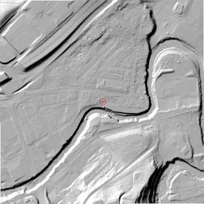 Shaded relief map of the ground around SK12JT, computed from Environment Agency LiDAR. The ground here sits at about 47 m above sea level and falls 45 m across the surrounding 800 m. Surface water reaching this point runs off ground lying to the north, 13.5 m higher.