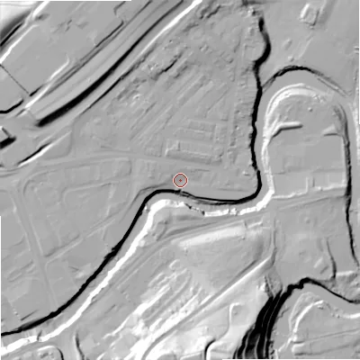 Shaded relief map of the ground around SK12LA, computed from Environment Agency LiDAR. The ground here sits at about 47 m above sea level and falls 45 m across the surrounding 800 m. Surface water reaching this point runs off ground lying to the north, 15.9 m higher.