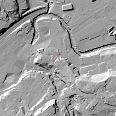 Shaded relief map of the ground around SK12LX, computed from Environment Agency LiDAR. The ground here sits at about 52 m above sea level and falls 41 m across the surrounding 800 m. Surface water reaching this point runs off ground lying to the south-east, 12.3 m higher.