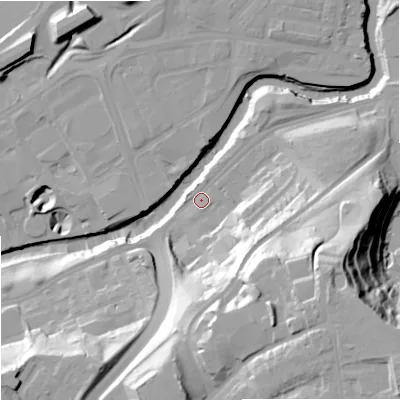 Shaded relief map of the ground around SK12NR, computed from Environment Agency LiDAR. The ground here sits at about 46 m above sea level and falls 50 m across the surrounding 800 m. Surface water reaching this point runs off ground lying to the south-east, 40.1 m higher.