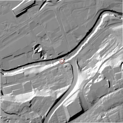 Shaded relief map of the ground around SK12NX, computed from Environment Agency LiDAR. The ground here sits at about 46 m above sea level and falls 47 m across the surrounding 800 m. Surface water reaching this point runs off ground lying to the east-south-east, 46.4 m higher.