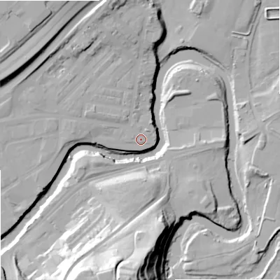 Shaded relief map of the ground around SK12QE, computed from Environment Agency LiDAR. The ground here sits at about 48 m above sea level and falls 46 m across the surrounding 800 m. Surface water reaching this point runs off ground lying to the north-north-west, 4.7 m higher.