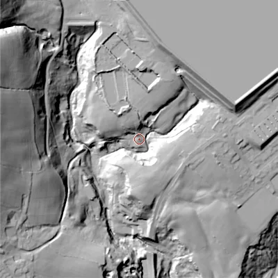 Shaded relief map of the ground around SK131ND, computed from Environment Agency LiDAR. The ground here sits at about 143 m above sea level and falls 67 m across the surrounding 800 m. Surface water reaching this point runs off ground lying to the north, 25.1 m higher.