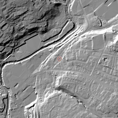 Shaded relief map of the ground around SK131PZ, computed from Environment Agency LiDAR. The ground here sits at about 129 m above sea level and falls 37 m across the surrounding 800 m. Surface water reaching this point runs off ground lying to the east-north-east, 27.3 m higher.