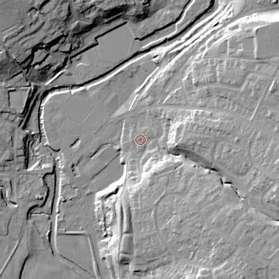Shaded relief map of the ground around SK131QD, computed from Environment Agency LiDAR. The ground here sits at about 125 m above sea level and falls 30 m across the surrounding 800 m. Surface water reaching this point runs off ground lying to the east-south-east, 20.6 m higher.