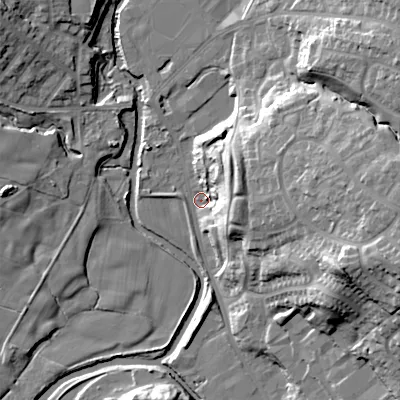 Shaded relief map of the ground around SK132NA, computed from Environment Agency LiDAR. The ground here sits at about 120 m above sea level and falls 30 m across the surrounding 800 m. Surface water reaching this point runs off ground lying to the east, 24.0 m higher.