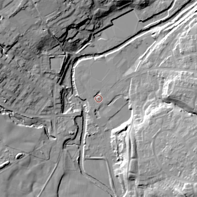 Shaded relief map of the ground around SK132NR, computed from Environment Agency LiDAR. The ground here sits at about 123 m above sea level and falls 30 m across the surrounding 800 m. Surface water reaching this point runs off ground lying to the east-south-east, 18.2 m higher.