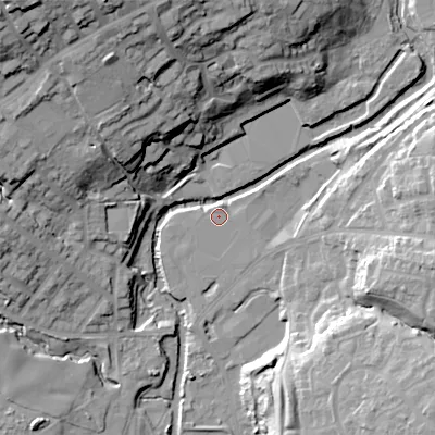 Shaded relief map of the ground around SK132NS, computed from Environment Agency LiDAR. The ground here sits at about 123 m above sea level and falls 43 m across the surrounding 800 m. Surface water reaching this point runs off ground lying to the north, 1.2 m higher.