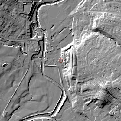 Shaded relief map of the ground around SK132NX, computed from Environment Agency LiDAR. The ground here sits at about 121 m above sea level and falls 30 m across the surrounding 800 m. Surface water reaching this point runs off ground lying to the east, 14.3 m higher.