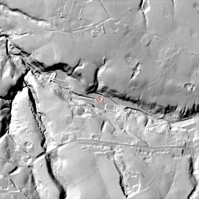 Shaded relief map of the ground around SK135DB, computed from Environment Agency LiDAR. The ground here sits at about 144 m above sea level and falls 98 m across the surrounding 800 m. Surface water reaching this point runs off ground lying to the south-south-east, 70.8 m higher.