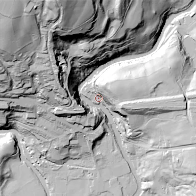 Shaded relief map of the ground around SK135EP, computed from Environment Agency LiDAR. The ground here sits at about 111 m above sea level and falls 120 m across the surrounding 800 m. Surface water reaching this point runs off ground lying to the east-north-east, 34.0 m higher.