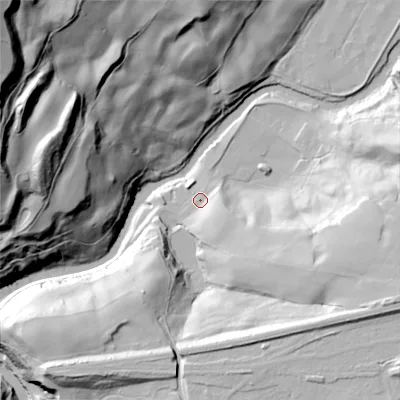 Shaded relief map of the ground around SK135ER, computed from Environment Agency LiDAR. The ground here sits at about 120 m above sea level and falls 109 m across the surrounding 800 m. Surface water reaching this point runs off ground lying to the south-east, 12.4 m higher.