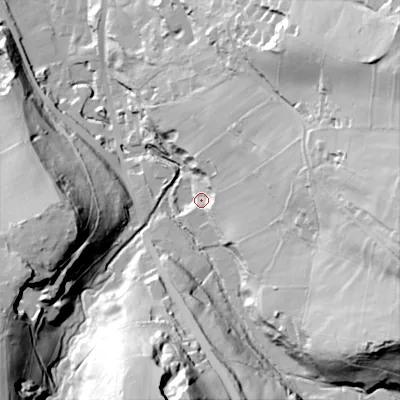 Shaded relief map of the ground around SK136AB, computed from Environment Agency LiDAR. The ground here sits at about 174 m above sea level and falls 77 m across the surrounding 800 m. Surface water reaching this point runs off ground lying to the east, 63.8 m higher.