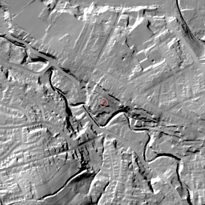 Shaded relief map of the ground around SK136GA, computed from Environment Agency LiDAR. The ground here sits at about 153 m above sea level and falls 72 m across the surrounding 800 m. Surface water reaching this point runs off ground lying to the north-east, 6.0 m higher.