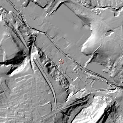 Shaded relief map of the ground around SK136JD, computed from Environment Agency LiDAR. The ground here sits at about 125 m above sea level and falls 44 m across the surrounding 800 m. Surface water reaching this point runs off ground lying to the south, 26.2 m higher.