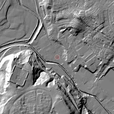 Shaded relief map of the ground around SK136JF, computed from Environment Agency LiDAR. The ground here sits at about 121 m above sea level and falls 39 m across the surrounding 800 m. Surface water reaching this point runs off ground lying to the north-north-east, 26.4 m higher.