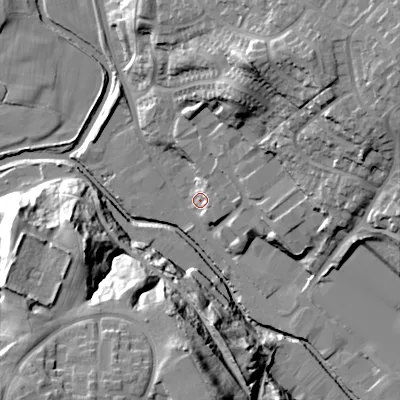 Shaded relief map of the ground around SK136JG, computed from Environment Agency LiDAR. The ground here sits at about 123 m above sea level and falls 39 m across the surrounding 800 m. Surface water reaching this point runs off ground lying to the north-east, 26.9 m higher.