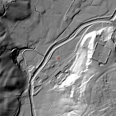 Shaded relief map of the ground around SK136JQ, computed from Environment Agency LiDAR. The ground here sits at about 118 m above sea level and falls 46 m across the surrounding 800 m. Surface water reaching this point runs off ground lying to the south-east, 41.2 m higher.