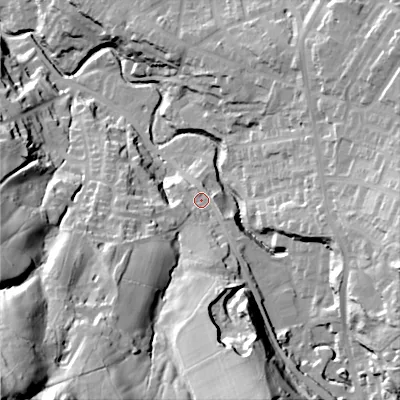 Shaded relief map of the ground around SK136JS, computed from Environment Agency LiDAR. The ground here sits at about 161 m above sea level and falls 91 m across the surrounding 800 m. Surface water reaching this point runs off ground lying to the south-west, 53.6 m higher.