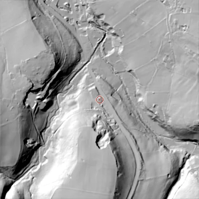 Shaded relief map of the ground around SK136JX, computed from Environment Agency LiDAR. The ground here sits at about 189 m above sea level and falls 83 m across the surrounding 800 m. Surface water reaching this point runs off ground lying to the south, 61.5 m higher.