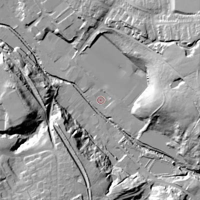 Shaded relief map of the ground around SK136LE, computed from Environment Agency LiDAR. The ground here sits at about 124 m above sea level and falls 41 m across the surrounding 800 m. Surface water reaching this point runs off ground lying to the east, 2.7 m higher.