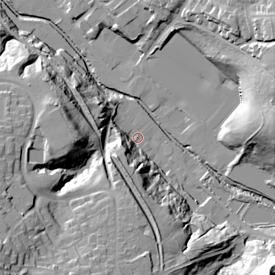 Shaded relief map of the ground around SK136LG, computed from Environment Agency LiDAR. The ground here sits at about 125 m above sea level and falls 44 m across the surrounding 800 m. Surface water reaching this point runs off ground lying to the south, 26.9 m higher.