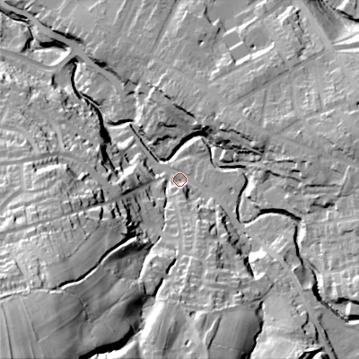 Shaded relief map of the ground around SK136LL, computed from Environment Agency LiDAR. The ground here sits at about 148 m above sea level and falls 87 m across the surrounding 800 m. Surface water reaching this point runs off ground lying to the south, 38.4 m higher.