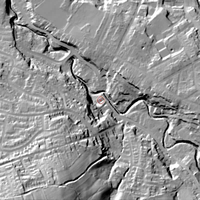 Shaded relief map of the ground around SK136LN, computed from Environment Agency LiDAR. The ground here sits at about 144 m above sea level and falls 80 m across the surrounding 800 m. Surface water reaching this point runs off ground lying to the south-west, 21.4 m higher.
