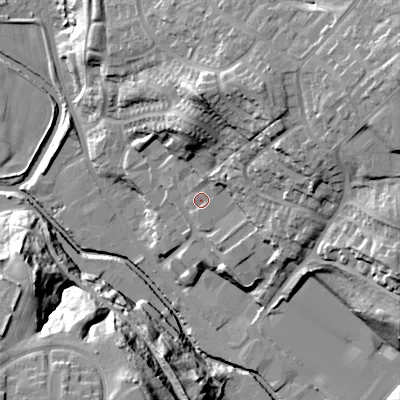 Shaded relief map of the ground around SK136LQ, computed from Environment Agency LiDAR. The ground here sits at about 128 m above sea level and falls 34 m across the surrounding 800 m. Surface water reaching this point runs off ground lying to the north-east, 9.1 m higher.