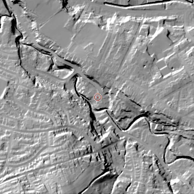 Shaded relief map of the ground around SK136LW, computed from Environment Agency LiDAR. The ground here sits at about 145 m above sea level and falls 71 m across the surrounding 800 m. Surface water reaching this point runs off ground lying to the east, 16.0 m higher.