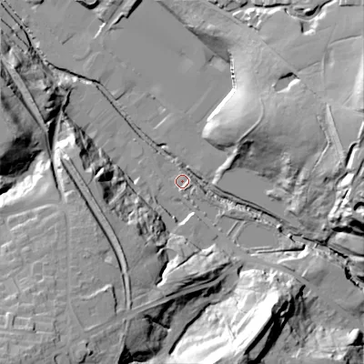 Shaded relief map of the ground around SK136NU, computed from Environment Agency LiDAR. The ground here sits at about 125 m above sea level and falls 49 m across the surrounding 800 m. Surface water reaching this point runs off ground lying to the east-north-east, 44.3 m higher.
