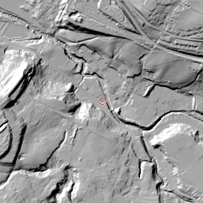 Shaded relief map of the ground around SK136NX, computed from Environment Agency LiDAR. The ground here sits at about 129 m above sea level and falls 70 m across the surrounding 800 m. Surface water reaching this point runs off ground lying to the north-north-east, 38.8 m higher.