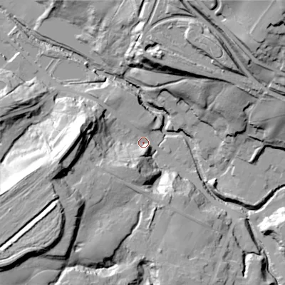 Shaded relief map of the ground around SK136NY, computed from Environment Agency LiDAR. The ground here sits at about 130 m above sea level and falls 72 m across the surrounding 800 m. Surface water reaching this point runs off ground lying to the south-west, 36.1 m higher.