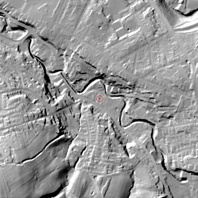 Shaded relief map of the ground around SK136PR, computed from Environment Agency LiDAR. The ground here sits at about 149 m above sea level and falls 80 m across the surrounding 800 m. Surface water reaching this point runs off ground lying to the south-east, 3.4 m higher.