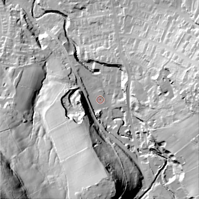Shaded relief map of the ground around SK136PW, computed from Environment Agency LiDAR. The ground here sits at about 164 m above sea level and falls 109 m across the surrounding 800 m. Surface water reaching this point runs off ground lying to the north, 0.8 m higher.