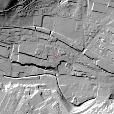 Shaded relief map of the ground around SK137AN, computed from Environment Agency LiDAR. The ground here sits at about 150 m above sea level and falls 57 m across the surrounding 800 m. Surface water reaching this point runs off ground lying to the north-east, 10.4 m higher.