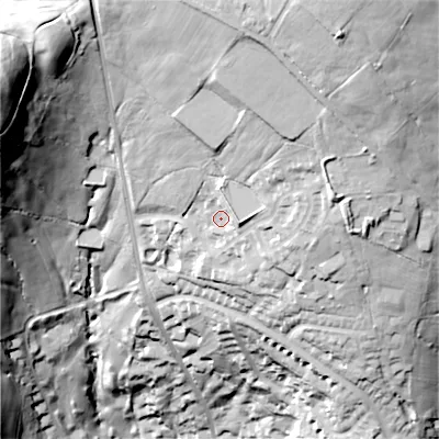 Shaded relief map of the ground around SK137EG, computed from Environment Agency LiDAR. The ground here sits at about 220 m above sea level and falls 95 m across the surrounding 800 m. Surface water reaching this point runs off ground lying to the north, 7.7 m higher.